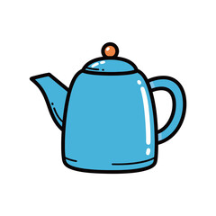 Isolated blue metal teapot or kettle illustration in flat line style, representing hot beverage preparation, tea time, kitchenware, and cooking concepts