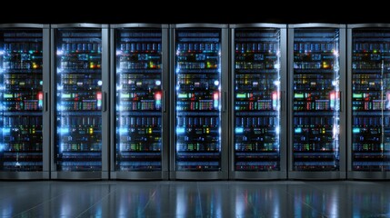 A high-tech server room filled with illuminated racks of servers, showcasing advanced technology and data management.