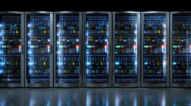 A high-tech server room filled with illuminated racks of servers, showcasing advanced technology and data management.