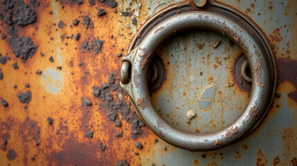 Old metallic texture with flaking rust and pitted iron ring attached