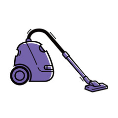 Isolated side view illustration of a purple canister vacuum cleaner with hose and floor head, representing home cleaning, household appliance, dust removal, and sanitation