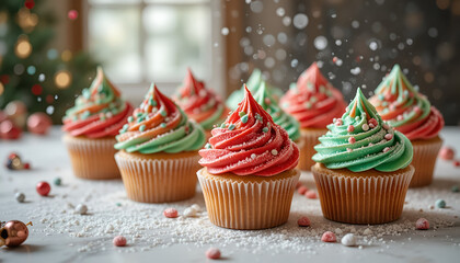 Festive christmas cupcakes with red and green frosting and sprinkles on a white marble surface