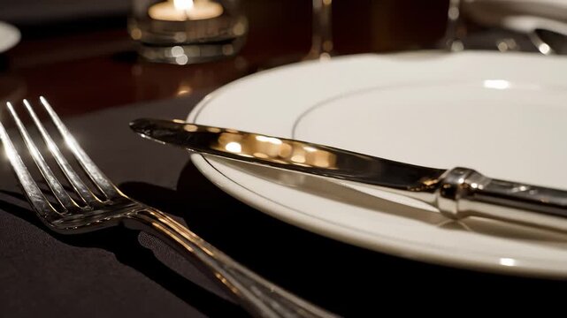 Elegant Table Setting With Plate, Silverware and Candlelight
