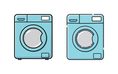 Pair of front-loading blue washing machine illustrations in flat line style, representing laundry, household chores, cleaning clothes, and domestic appliance technology