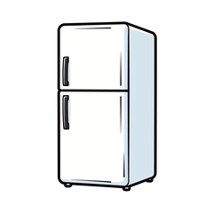 Isolated two-door white refrigerator illustration in flat line style, representing kitchen appliances, food storage, home cooling, and domestic technology