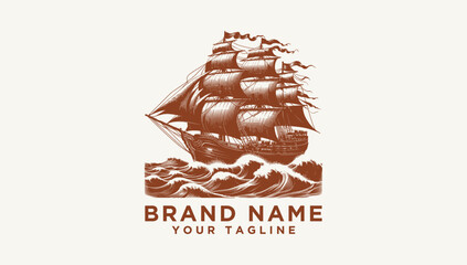 Majestic tall ship navigating stormy waters, a classic maritime adventure vector logo illustration