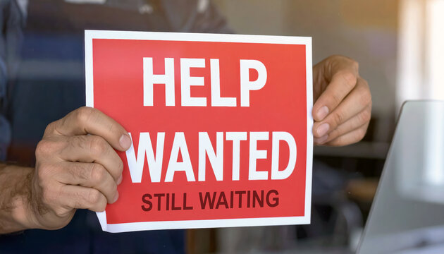 Man holding red help wanted sign expresses frustration with job market recruitment. This illustrates ongoing labor shortages and difficulty of hiring staff while still waiting