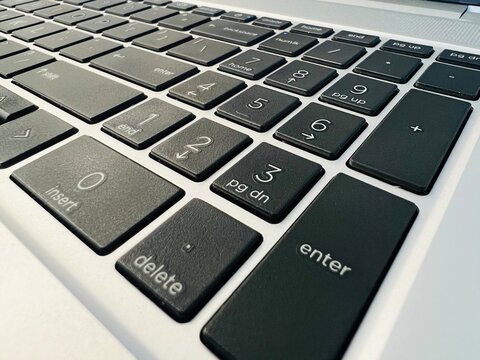 A close-up of a laptop keyboard's numerical keypad and surrounding keys.
