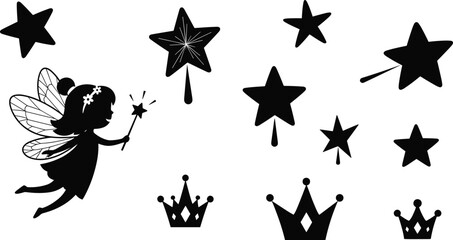 Black silhouette of a flying fairy with a wand surrounded by stars and crowns white