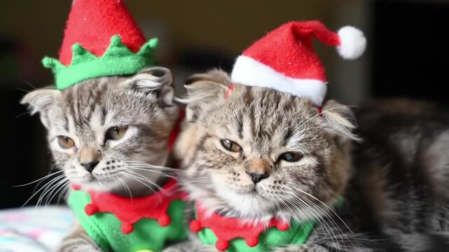 Two adorable cats dressed in elf costumes for Christmas holiday.