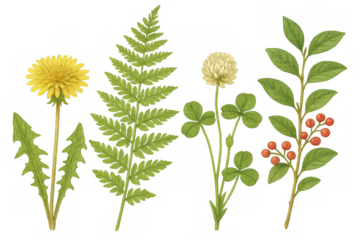 Hand-drawn botanical illustration with dandelion, fern, clover, and red berries on a transparent background