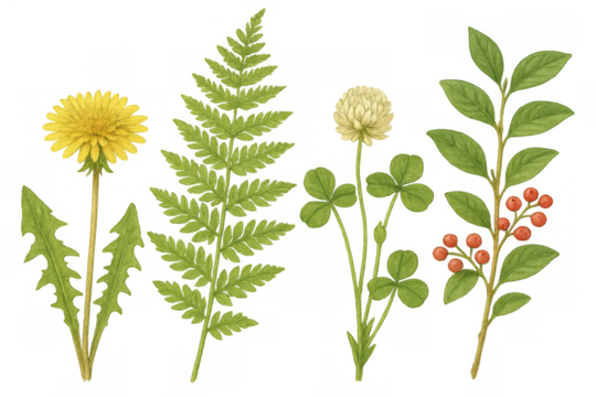 Hand-drawn botanical illustration with dandelion, fern, clover, and red berries on a transparent background
