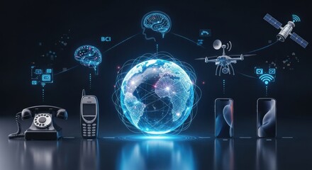 A futuristic, digital world with a globe at its center, connected by various devices and symbols.