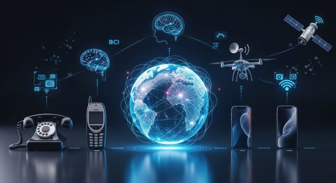 A futuristic, digital world with a globe at its center, connected by various devices and symbols.