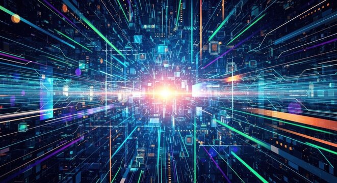 A futuristic, digital cityscape with vibrant colors, intricate structures, and a central light source.