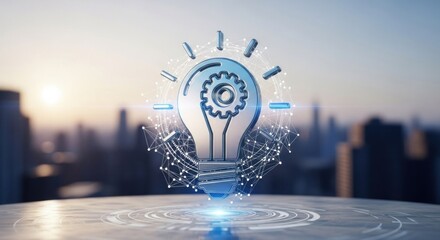 A light bulb with gears inside, floating above a city skyline at sunset.