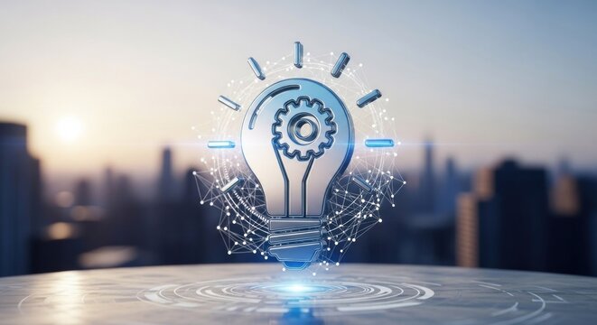 A light bulb with gears inside, floating above a city skyline at sunset.