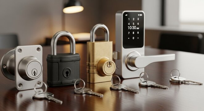 A modern, sleek, silver and black smart lock with a digital keypad and a key in the foreground, set against a blurred background of a wooden table and chairs.