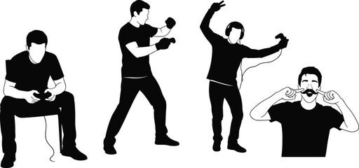 Four black silhouette figures of men playing video games and posing with a mustache