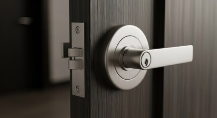 A modern, sleek door handle with a round, metallic finish, mounted on a dark wooden door with a polished, reflective surface.