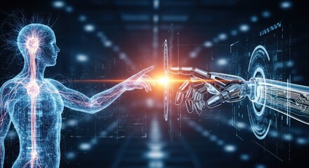 A futuristic, digital human figure interacting with a robotic arm in a high-tech, blue and black, futuristic setting.