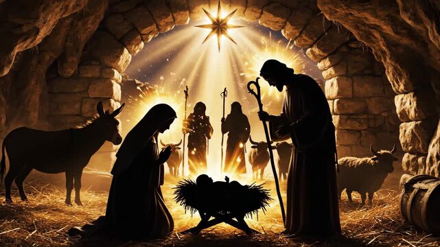 Nativity scene animated with wise men, a man, a woman and animals in a cave, a concept of Christmas, footage