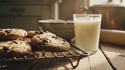 Pile of Chocolate Chip Cookies and Glass of Milk on Rustic Table
- Powered by Adobe