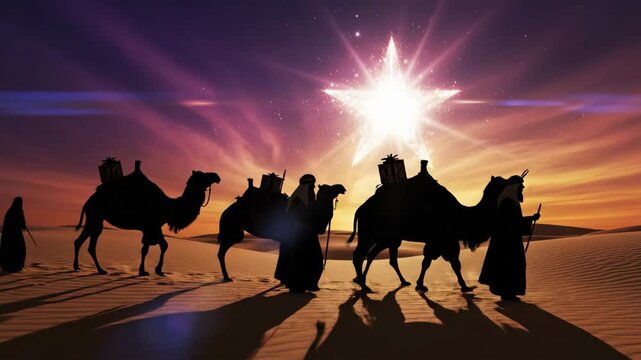 Silhouette of three wise men and camels in desert, following a shining star, depicting Christmas nativity scene, footage.