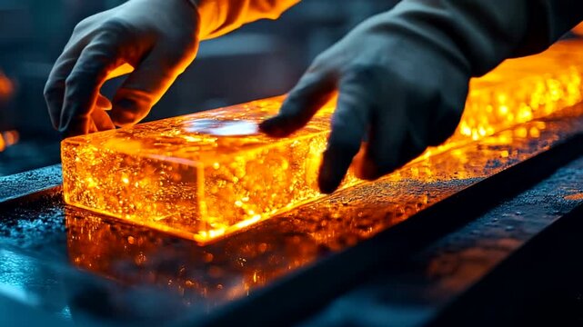 Worker Handling Molten Glass in Industrial Setting