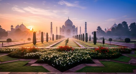 Iconic Indian landmark bathed in soft golden light at dawn, framed by lush symmetrical gardens and a serene hazy atmosphere, evoking peace and grandeur