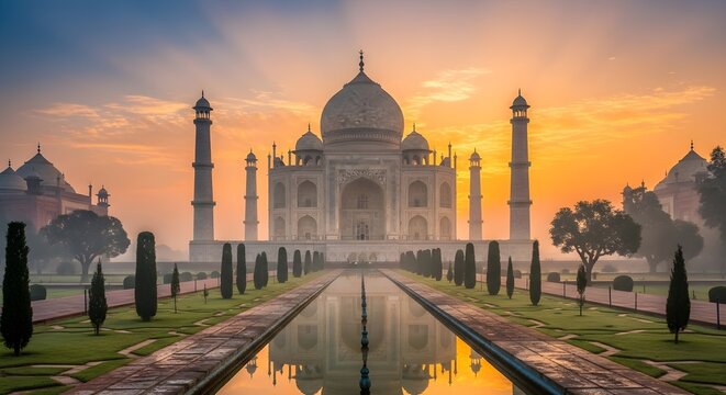 Majestic Taj Mahal at dawn, bathed in soft golden light, reflecting serenely in the tranquil water feature, creating a breathtaking and iconic architectural masterpiece scene