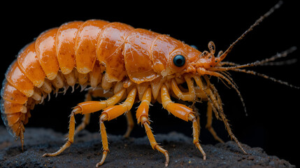 Close-up view of a vibrant, segmented amphipod crustacean, showcasing intricate details and a rich orange-and-beige color palette against a stark black background.