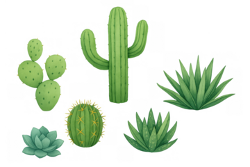 Desert plants featuring a saguaro, prickly pear cactus, agave, and other succulents in an illustrative style, ready for design