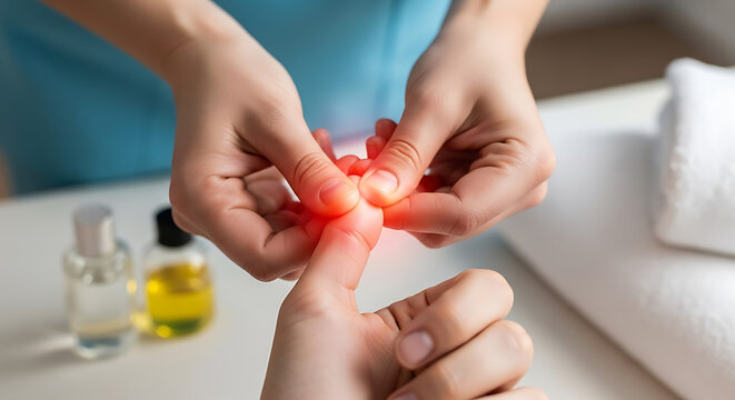 Close-up of hands massaging a painful thumb joint with red highlight, symbolizing pain, injury, and therapy.