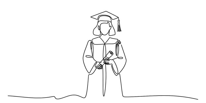 Continuous line drawing of a joyful graduate in academic gown and cap holding a diploma, celebrating educational achievement and future success