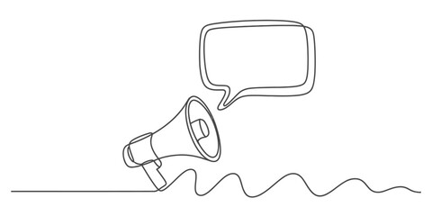 Continuous line art of a megaphone and speech bubble, symbolizing announcement, marketing, news, and effective communication