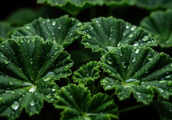 Lush dark green foliage detail with glistening water droplets after morning rain.