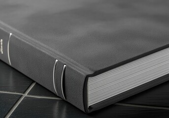 Close up of a luxury charcoal gray photo album with textured suede cover and silver spine details.