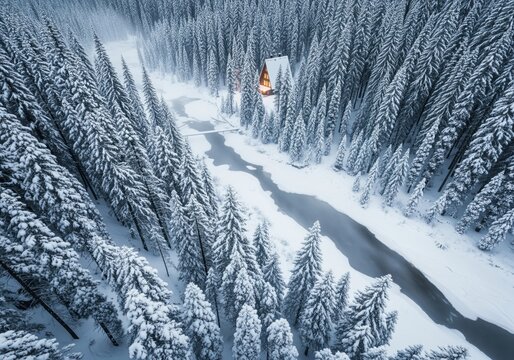 Cozy a frame cabin illuminated in a vast snowy forest valley with a winding river. - Powered by Adobe