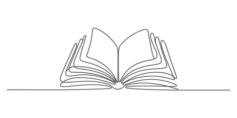 Open book drawn with a single continuous line art, symbolizing education, knowledge, and learning, an elegant minimalist illustration graphic design