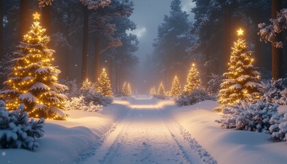 A tranquil forest path covered in snow illuminated by warm Christmas lights wrapped around trees decorated with ornaments