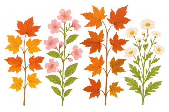 Autumn maple leaves, pink blossoms, and white daisies creating a botanical fall-spring flora design element