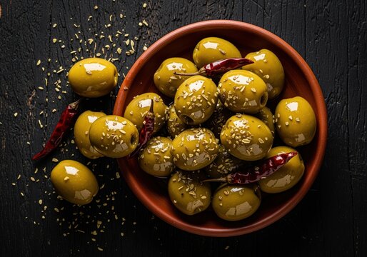 Glossy green olives seasoned with herbs and dried red chili peppers in a rustic dish. - Powered by Adobe