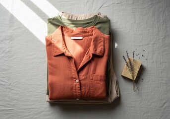 Stack of folded terracotta and olive clothes with natural lavender soap flat lay.