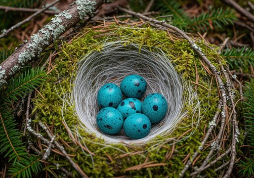 Five speckled robin egg blue eggs resting in a natural bird nest among moss and twigs. - Powered by Adobe