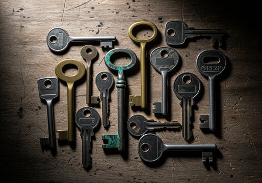 Dramatic overhead view of a diverse collection of vintage and modern metal keys - Powered by Adobe