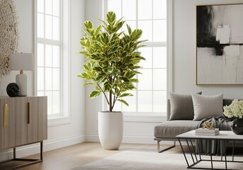 Bright minimalist living room with large ficus altissima houseplant decor.