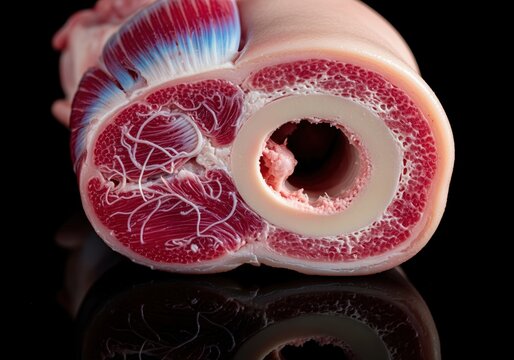 Detailed cross section of raw pork muscle, bone, and connective tissue structure.