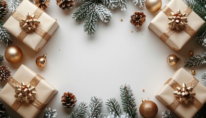 Decorative frame made of wrapped Christmas gifts curling ribbons metallic bows pine cones and frosty branches