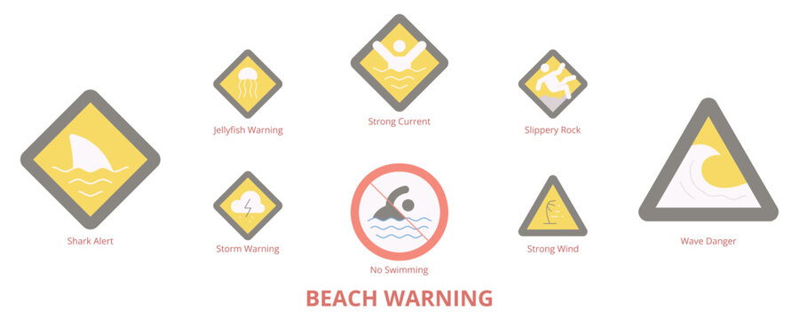 Beach Warning Flat Banner Web Icon Set Vector Illustration